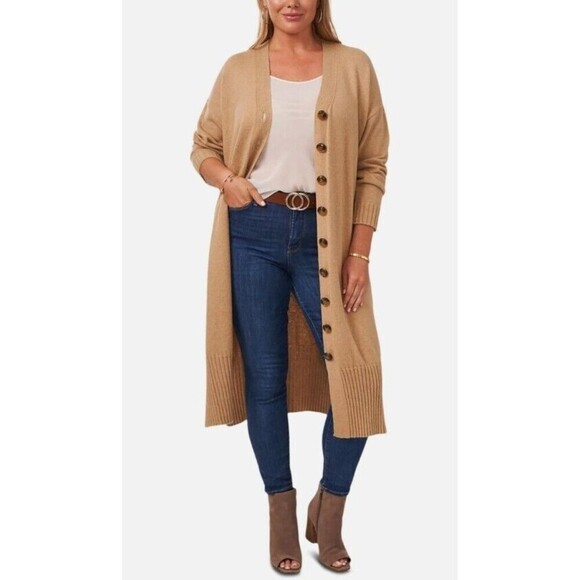 Vince Camuto Women's  Cardigan Plus Size Sweater Button down Latte Heather Tan - Picture 2 of 6